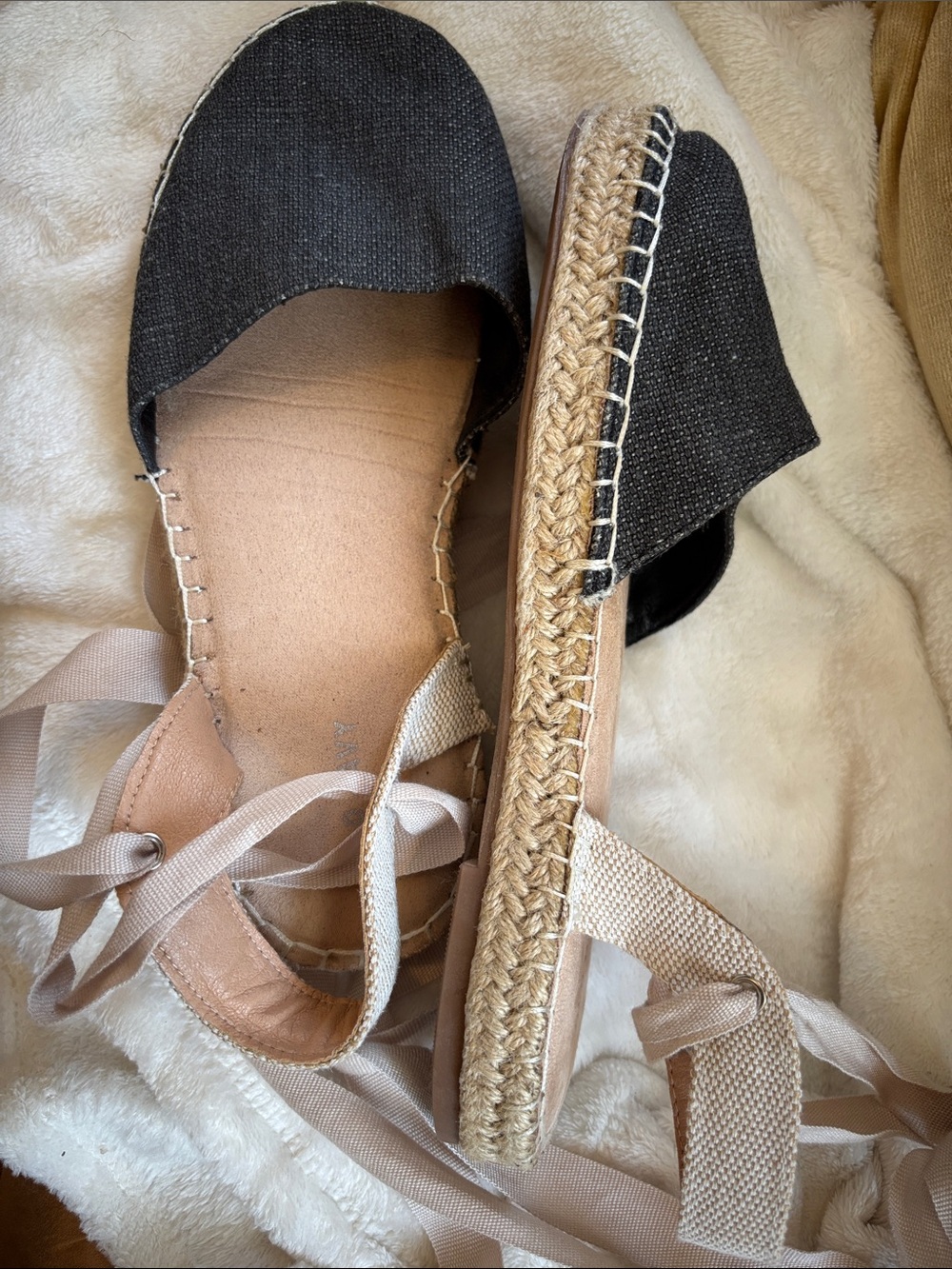 Old Navy Black Espadrille Tie-Strap Flats with Nude Ribbons